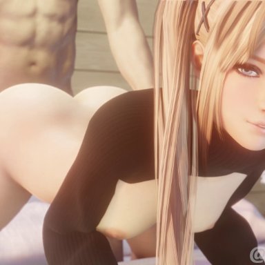 dead or alive, dead or alive 5, marie rose, lazysoba, 1boy, 1girl, areola, blue eyes, bottomless, breasts, doggy style, exposed breasts, faceless male, hair ornament, hairclip