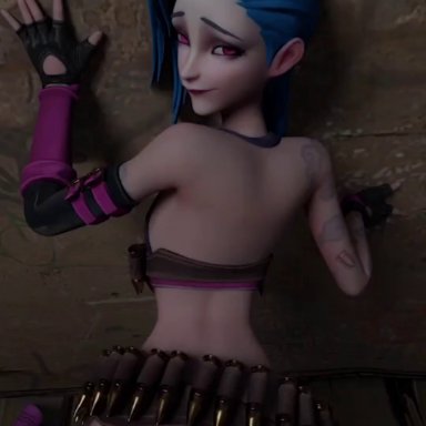 league of legends, jinx (league of legends), arawaraw, 1boy, 1boy1girl, 1girl, against wall, blue hair, boobs, breasts, bullets, butt, content smile, doggy style, gloves