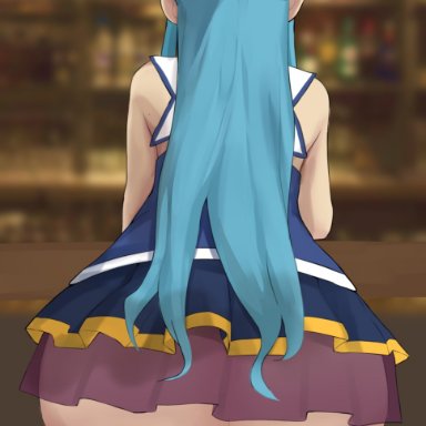 aqua (konosuba), xx682567, 1girls, back, back view, beer, beer glass, big ass, big breasts, blue eyes, blue hair, dress, female, female only, from behind