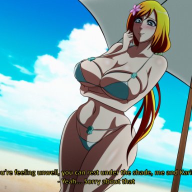 bleach, inoue orihime, haikawa hemlen, oldhorrorz, beach, big ass, big breasts, big hips, bikini, blush, flower in hair, grey eyes, hips, huge breasts, large breasts