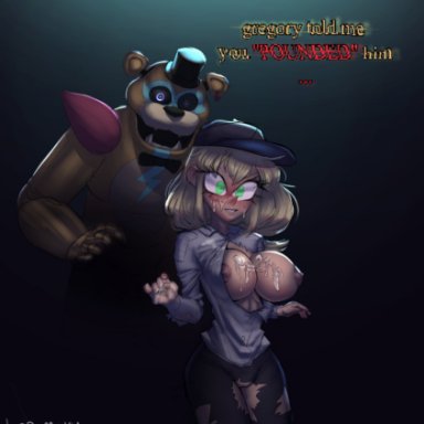 five nights at freddy's, glamrock freddy (fnaf), vanessa (fnaf), lord moku, breasts, cum, cum on breasts, cum on face, duo, female, green eyes, male, nipples, pussy, torn clothes