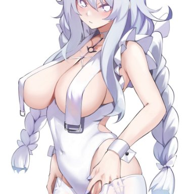 azur lane, le malin (azur lane), spider apple, alternate breast size, animal ears, bangs, bare shoulders, blush, braid, breast curtains, breasts, covered navel, fake animal ears, female, large breasts