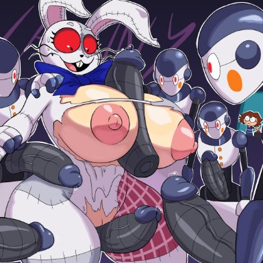 five nights at freddy's, scottgames, gregory (fnaf), vanny (fnaf), cyberlord1109, animal humanoid, anthro, areola, big breasts, big penis, bodily fluids, bow tie, breast play, breasts, buckteeth