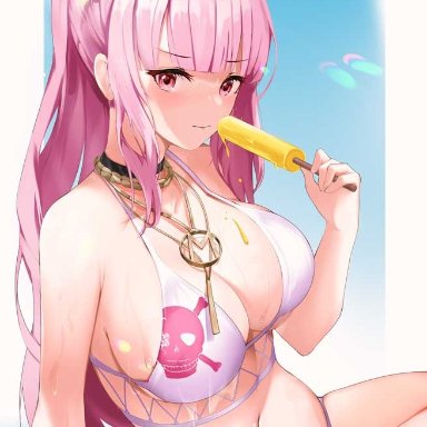 hololive, hololive english, mori calliope, nevin (flyskying), 1girls, bikini, breasts, female, female only, looking at viewer, pink eyes, pink hair, solo, virtual youtuber