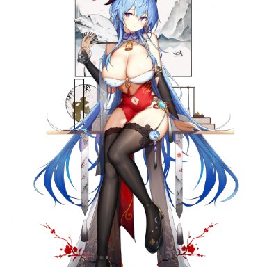 genshin impact, ganyu (genshin impact), kiriko (araragikoyomi), 1girls, abs, bangs, bare shoulders, bell, bell collar, belly button, big breasts, black legwear, black stockings, blue hair, blush