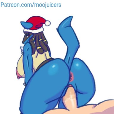 christmas, holidays, nintendo, pokemon, fan character, lucario, pok&#233;mon (species), moojuicers, accessory, animal humanoid, anthro, anthro penetrated, anus, ass, atheltic