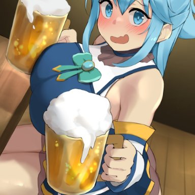 aqua (konosuba), xx682567, 1girls, ass, beer, beer glass, big breasts, blue eyes, blue hair, dress, female, female only, nopan, skirt, tavern
