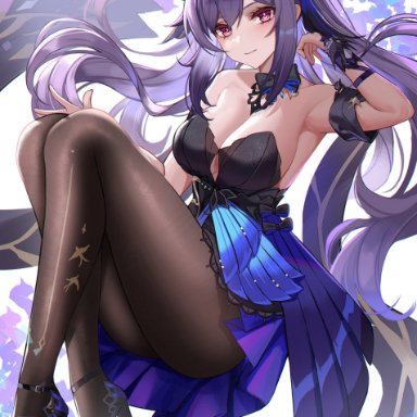 genshin impact, keqing (genshin impact), eternity (shadeh), 1girls, armpits, bangs, bare shoulders, black footwear, breasts, brown legwear, cleavage, closed mouth, crossed ankles, dress, female