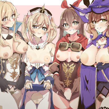 genshin impact, amber (genshin impact), barbara (genshin impact), jean gunnhildr, lisa (genshin impact), e sky rugo, 4girls, areolae, big breasts, breast size difference, breasts, breasts outside, exposed breasts, female, female only