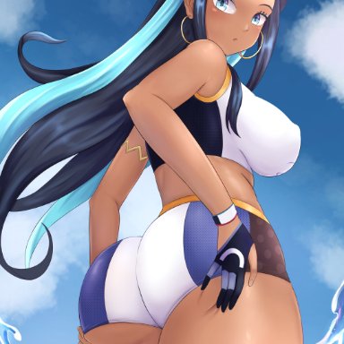 nintendo, pokemon, pokemon ss, nessa (pokemon), sleeptopi, 1girls, ass, big ass, big breasts, big butt, blue eyes, blue hair, breasts, eye contact, long hair