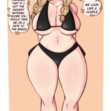 my hero academia, himiko toga, izuku midoriya, saltyxodium, 1girl, 1girls, alternate breast size, alternate hairstyle, arms behind back, asian, asian female, belly button, big breasts, black bikini, black bikini bottom