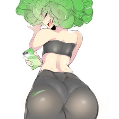 one-punch man, tatsumaki, twodust, 1girls, ass, ass focus, bubble butt, green hair, looking back, panties, pantyhose, solo, sports bra, thick thighs