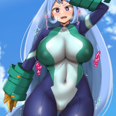 my hero academia, nejire hado, yamaori, 1girls, big breasts, blue eyes, blue hair, blush, bodysuit, breasts, eye contact, female, gloves, happy, heart-shaped pupils