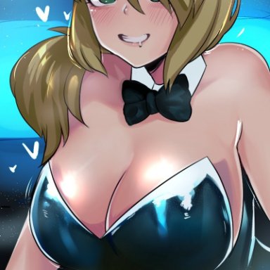 five nights at freddy's, vanessa (fnaf), vixenery, 1girls, blonde hair, bowtie, breasts, bunny ears, bunnysuit, cleavage, female, female only, green eyes, large breasts, open smile