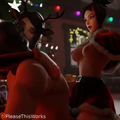 fortnite, demi (fortnite), skye (fortnite), pleasethisworks, 2girls, 2girls1boy, dark-skinned male, kissing, sex, tits, tagme, video