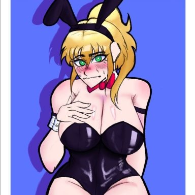 five nights at freddy's, vanessa (fnaf), frizzy (artist), 1girls, blonde hair, blush, breasts, bunny ears, bunnysuit, cleavage, embarrassed, female, female only, green eyes, large breasts