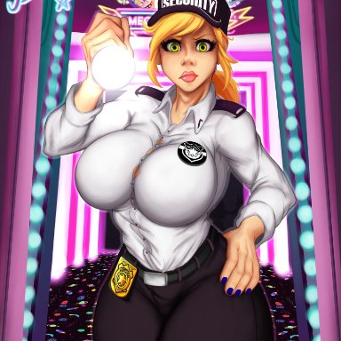 five nights at freddy's, vanessa (fnaf), feiskyoko, 1girls, blonde hair, breasts, curvy, female, female only, flashlight, green eyes, large breasts, looking at viewer, shirt, solo