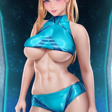 metroid, nintendo, samus aran, zero suit samus, prywinko, 1girls, abs, ass, ass visible through thighs, bare shoulders, belly button, big breasts, blonde, blonde hair, blue eyes