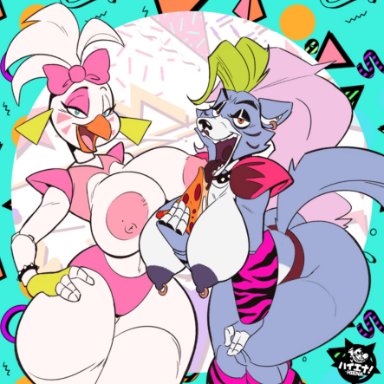 five nights at freddy's, scottgames, glamrock chica (fnaf), roxanne wolf (fnaf), thewilldpink, anthro, areola, big breasts, breasts, canid, canine, canis, chiken, duo, female