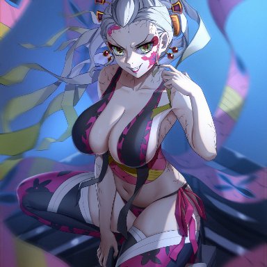 demon slayer, kimetsu no yaiba, daki (kimetsu no yaiba), big breasts, cleavage, crouching, demon girl, eyeshadow, facial markings, fangs, female, female only, geta, gradient hair, hair ornament