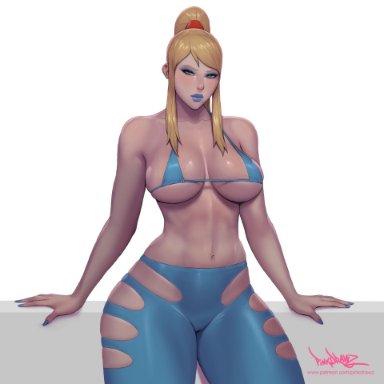 metroid, samus aran, pinkdrawz, 1girls, belly, belly button, big breasts, bikini, bikini top, bimbo, blonde hair, blue eyes, blue lips, blue lipstick, blue nail polish