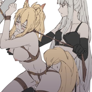 arknights, nearl (arknights), platinum (arknights), iceky, 1futa, 1girls, animal ears, bare shoulders, belt, black gloves, black legwear, blonde hair, blush, bondage, bondage outfit