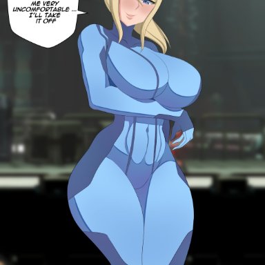 metroid, nintendo, samus aran, zero suit samus, deckman, mrdeck, 1girls, arm under breasts, blonde hair, blue eyes, bodysuit, clothed, curvy, female, female only