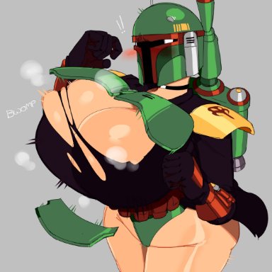 star wars, boba fett, nezulet, 1girls, armor, blush, booba fett, breasts, choker, cleavage, female, female only, helmet, impossible clothes, impossible fit