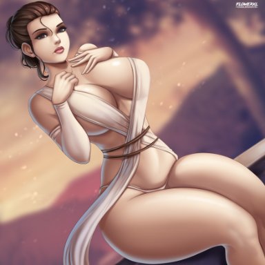 star wars, the force awakens, rey, flowerxl, 1girls, big breasts, breasts, busty, female, female only, huge breasts, solo, thick thighs, wide hips