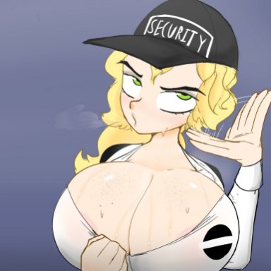 five nights at freddy's, vanessa (fnaf), adomo, 1girls, areola slip, areolae, blonde hair, blowing, breasts, child bearing hips, clothed, clothing, clothing pull, fanning, fanning self