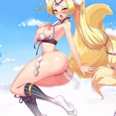 nutaku, project qt, mina (project qt), anal, anal sex, blonde hair, bouncing breasts, fox ears, fox tail, ghost penis, animated