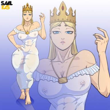 attack on titan, shingeki no kyojin, christa renz, historia reiss, savalkas, 1futa, areolae, blonde hair, blue eyes, breasts, bulge, cleavage, clothed, clothing, crown