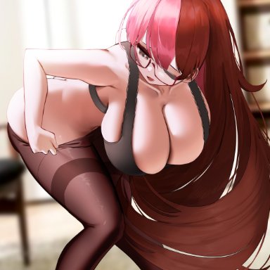 rwby, neo (rwby), nicorima, 1girls, bending over, bra, breasts, brown eyes, brown hair, cleavage, embarrassed, female, female only, flustered, glasses
