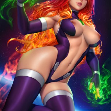 dc, teen titans, starfire, neoartcore, nudtawut thongmai, green eyes, large breasts, leotard, looking at viewer, modified costume, nipples, nude, orange hair, pierced belly button, thick thighs