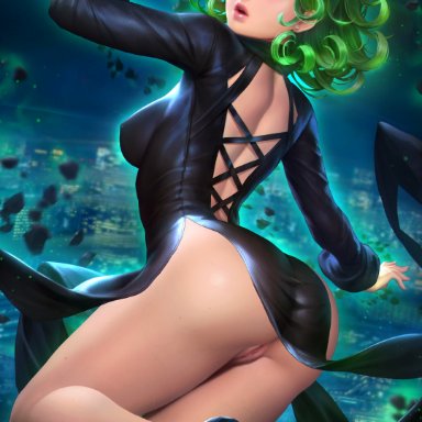 tatsumaki, neoartcore, nudtawut thongmai, black shoes, city background, green eyes, green hair, large ass, large breasts, looking back, nopan, pink fingers, pink mouth, pussy, short hair