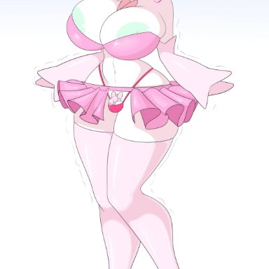 nintendo, pokemon, gardevoir, pok&#233;mon (species), sealguy, anthro, balls, balls in panties, belly, big breasts, biped, blush, bodily fluids, bottomwear, bow tie