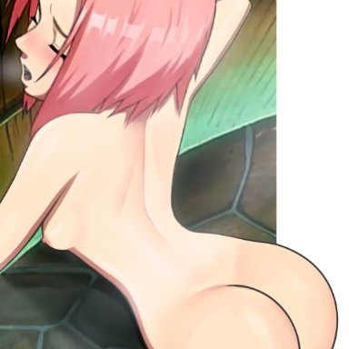 naruto, naruto (series), naruto shippuden, shounen jump, sakura haruno, loodncrood, 1girls, against wall, arched back, areolae, ass, ass focus, bent over, blush, bob cut