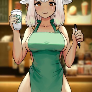 fire emblem, fire emblem heroes, nintendo, starbucks, ash (fire emblem), akalari, bakalarii, 1girls, animal ears, apron, bangs, bare thighs, barista, black horns, blurry