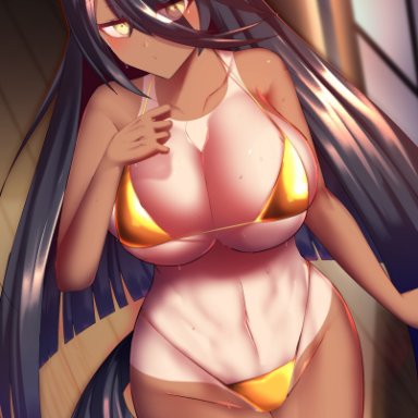 umamusume, manhattan cafe (umamusume), big shine, animal ears, bikini, black hair, blush, breasts, cleavage, dark-skinned female, dark skin, earrings, female, hair between eyes, horse ears