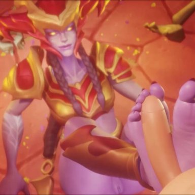 league of legends, league of legends: wild rift, shyvana, coombot (artist), 1boy, 1boy1girl, 1girl, 1girls, bottomless, braided hair, exposed pussy, faceless male, feet, foot focus, footjob