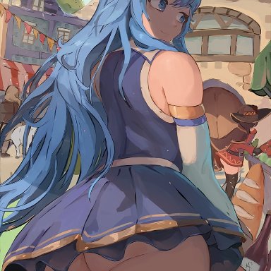 aqua (konosuba), megumin, miraihikari, 1girls, ass, ass focus, ass shot, back, back view, blue clothing, blue eyes, blue hair, bubble butt, deity, detached sleeves