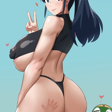 keroro, keroro gunsou, aki hinata, kunaboto, 1boy, 1girls, after sex, alien, ass, blue background, blue eyes, blue hair, breasts, crop top, cum