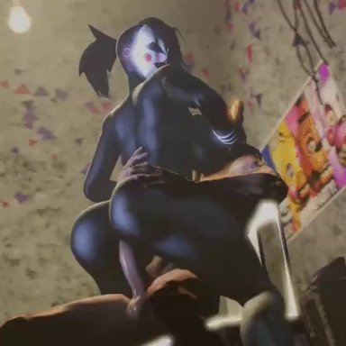 five nights at freddy's, marionette (fnaf), puppet (fnaf), 1girls, ass, ass focus, ass grab, ass shake, black body, black hair, breasts, female, male, purple eyes, thick thighs