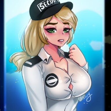 five nights at freddy's, vanessa (fnaf), vixenery, 1girls, big breasts, blonde hair, breasts, cap, cleavage, clothed, clothes, clothing, female, female only, fully clothed