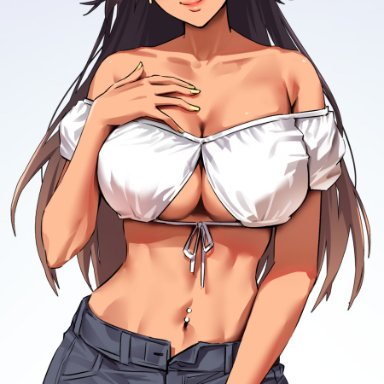 original, original character, foxyrain, foxyreine, 1girls, belly button, belly button piercing, black hair, booty shorts, breasts, cleavage, ear piercing, female, female only, hand on chest