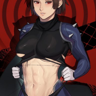 atlus, persona, persona 5, makoto niijima, nidhoggn, 1girls, abs, brown hair, large breasts, muscular, muscular female, red eyes, short hair, solo, sweat