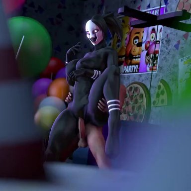 five nights at freddy's, marionette (fnaf), puppet (fnaf), 1girls, athletic female, black body, black hair, breasts, female, human, human penetrating, male, purple eyes, robot girl, thick thighs