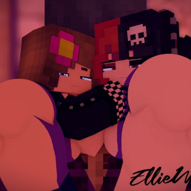 minecraft, character, ellie walls, jenny belle, odyssey-ellie (artist), 2girls, big ass, big butt, black and red hair, blue eyes, brown hair, female, human, humanoid, looking at another