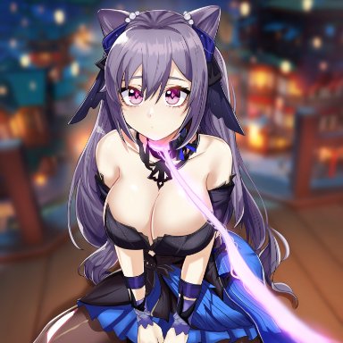 genshin impact, keqing (genshin impact), o22no, 1girls, big breasts, breasts, busty, cleavage, clothing, dress, female, kneeling, large breasts, leash, looking at viewer