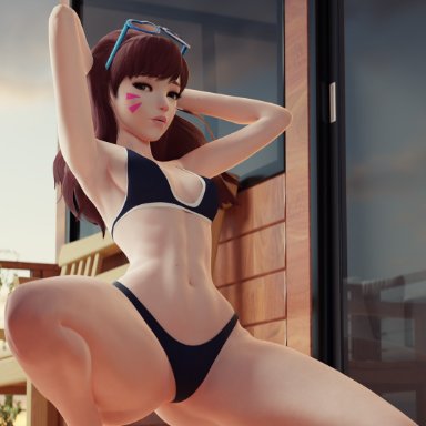 blizzard entertainment, overwatch, d.va, qtria, 1girls, abs, asian, athletic female, bare arms, bare legs, bare shoulders, bare thighs, barefoot, beauty mark, bikini